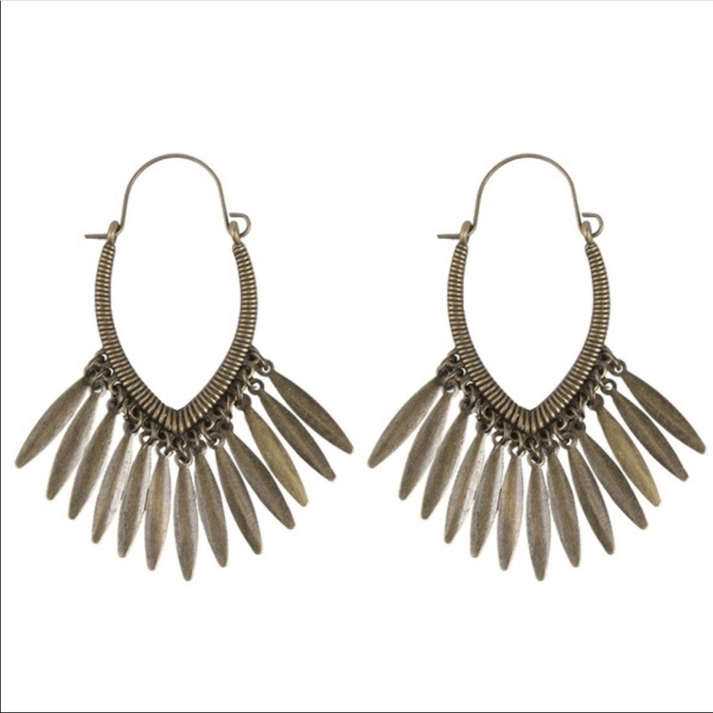 Bohemian bronze feather hoop dangle wire earrings